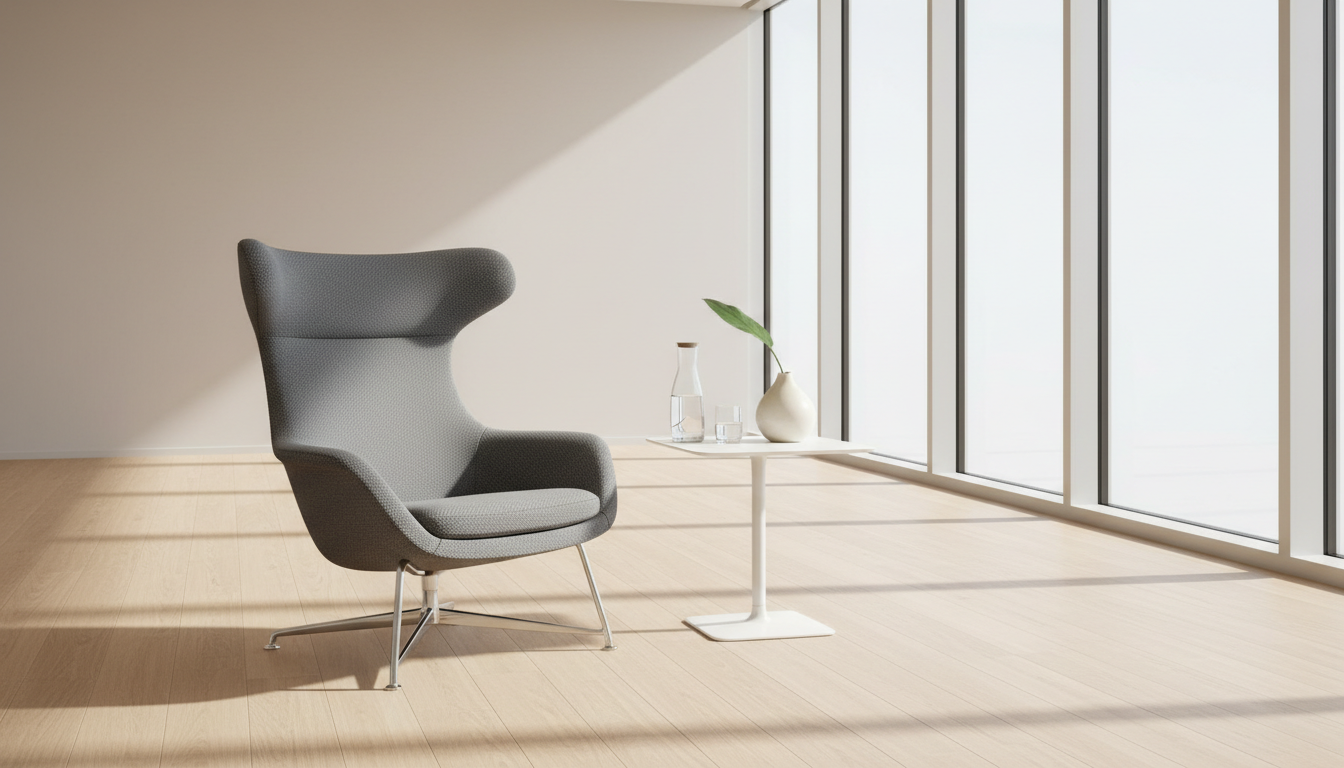 An ergonomic, high-backed armchair upholstered in slate grey fabric with a delicate herringbone pattern and polished chrome legs. The chair is placed beside a modern white side table, which holds a glass carafe of water and a gently curved ceramic vase. The environment is a spacious lounge with pale, neutral walls and expansive windows allowing natural daylight to flood in. Midday light creates soft reflections and casts subtle, elongated shadows, enhancing the structured layout. The overall mood is composed and uplifting, with a balanced composition shot at a natural eye-level perspective. The style is photographic realism with clean lines, fitting a professional business context.