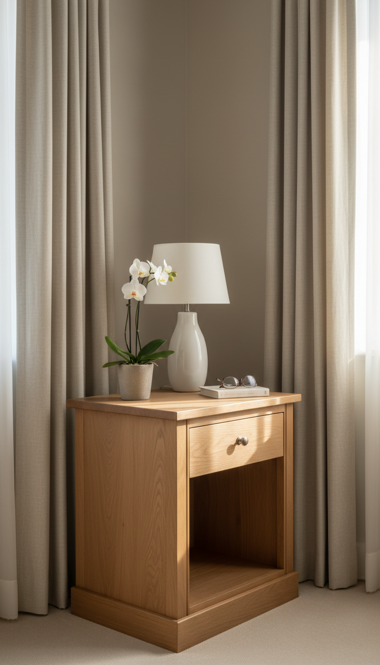 An elegant, solid wood bedside table, crafted from smooth oak with a natural matte finish and clean, beveled edges. It rests in the corner of a tastefully appointed senior care suite, with neutral-toned walls and structured, soft linen curtains. The lighting is gentle, featuring diffused morning sunlight filtering through the window, creating soft highlights on the table and gentle shadows that add depth to the space. The atmosphere is calm and reassuring, emphasizing comfort and ease. Photographed at eye level with a centered composition, the sharp focus captures the table’s fine grain and subtle details, reinforcing a modern, professional, photographic realism aligned with a corporate aesthetic.