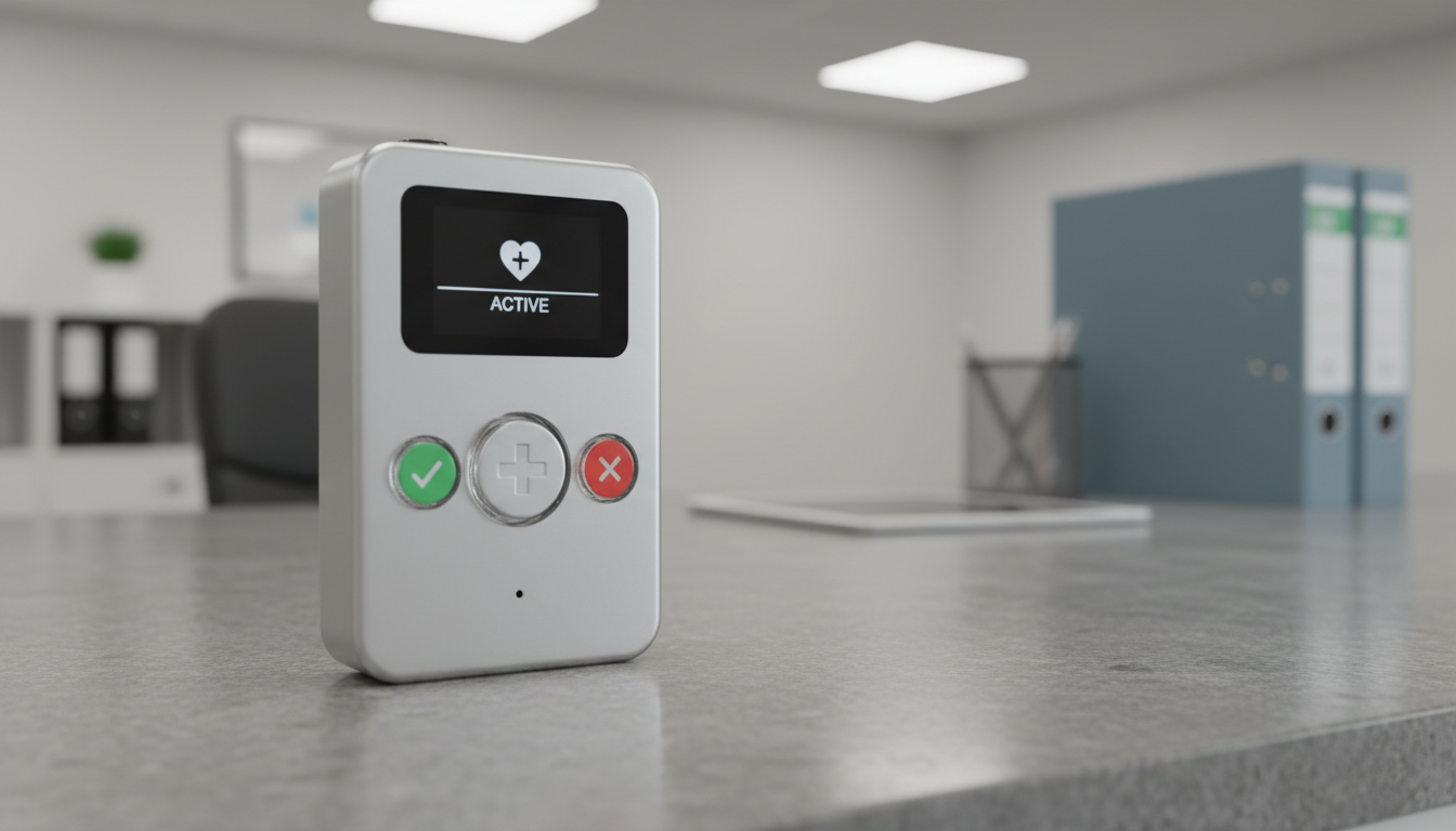 A close-up of a state-of-the-art, digital medical alert device, made from brushed aluminum with a minimalist interface and clear, tactile buttons. It’s set on a monochrome, stone-finish countertop in a well-lit, organized office dedicated to senior support coordination. Soft, overhead LED lighting creates gentle, controlled highlights, giving the device a polished, trustworthy look while casting short, crisp shadows for visual clarity. The mood is secure and dependable, reinforcing the site’s promise of safety and support. Framed with a succinct, off-center composition and a moderate depth of field to focus attention on the device, the image boasts a corporate, photographic style.