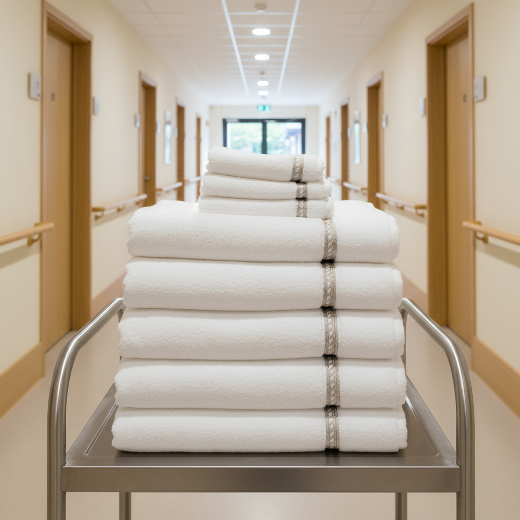 A stack of meticulously folded, plush white towels with subtle, embroidered borders and a soft, inviting texture. These are neatly arranged on a sleek, brushed steel cart, positioned in a bright, organized hallway of a senior care facility. The ambient lighting from recessed ceiling fixtures casts soft, even illumination, creating balanced highlights and minimal shadows while emphasizing cleanliness. The mood is pristine and orderly, conveying trustworthiness and reliability. Captured from a slightly elevated angle with a sharp focus throughout, this photographic image embodies a clean, corporate, and professional style suitable for senior support services.